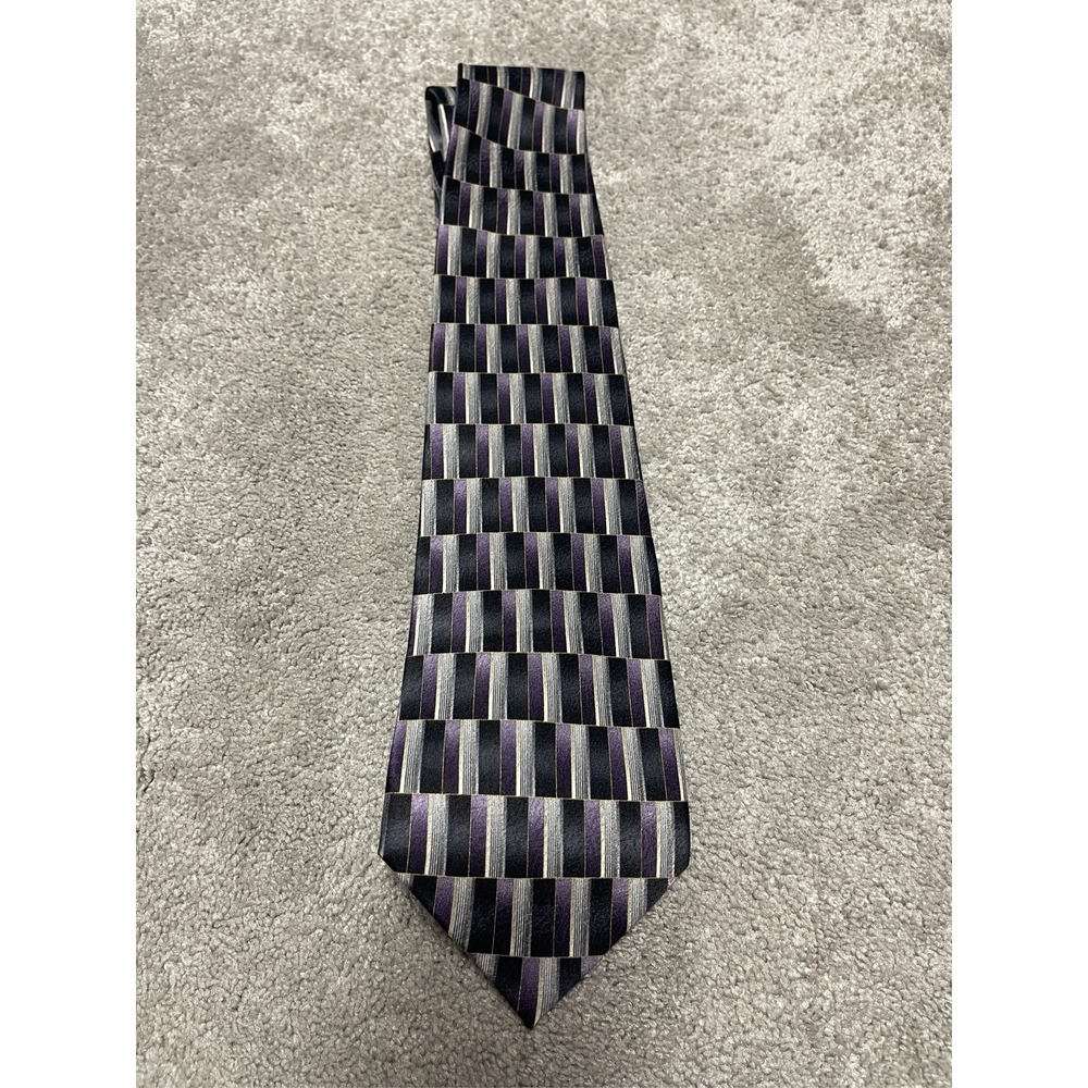 Pierre Cardin Men's Silk Tie Purple Black Silver Geometric Necktie